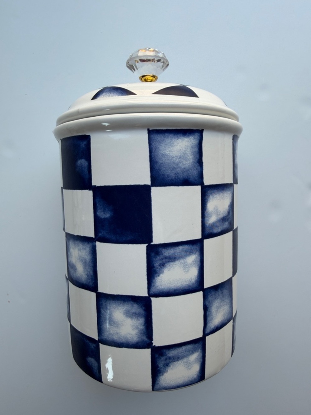 Blue & White Checkered Ceramic Canister with Clear Knob on Lid